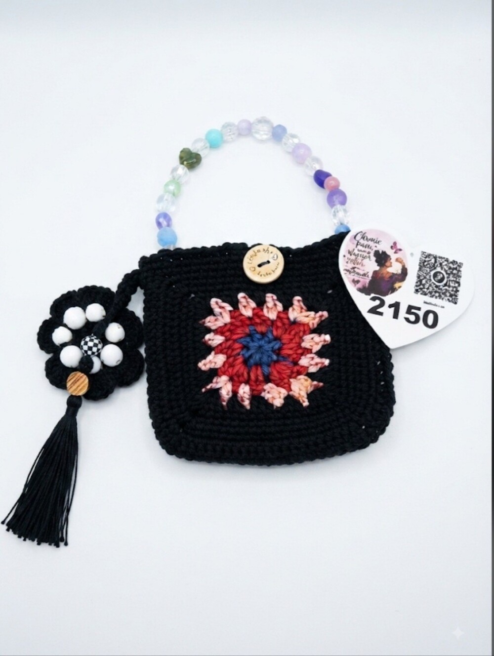 Handmade Kids Crochet Wrist Bag with Colorful Flower Accent - Black